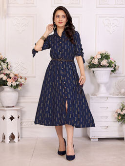Rangita - Women Navy Blue Rayon Printed Shirt Collar Calf Length Dress with Belt