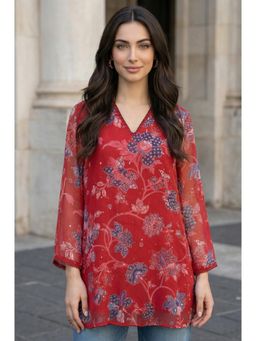 W - Red Women's Floral Print Straight Top