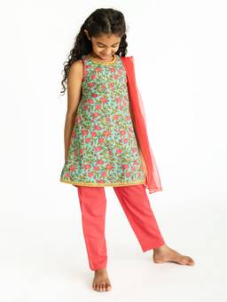 Campana - Girls Chitra Kurta-pants - Floral Jaal Print - Blue & Pink (Set of 3)