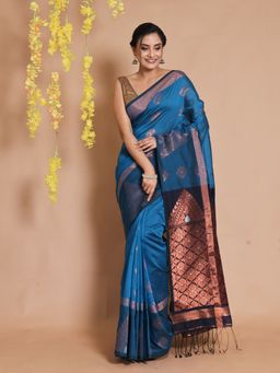 CHARUKRITI - Sapphire Blue Cotton Zari Temple Borders Handwoven Saree with Unstitched Blouse