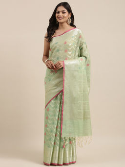 Banarasi Silk Works - Pistachio Masrise Cotton Tilfi Jaal Zari Border Saree with Unstitched Blouse