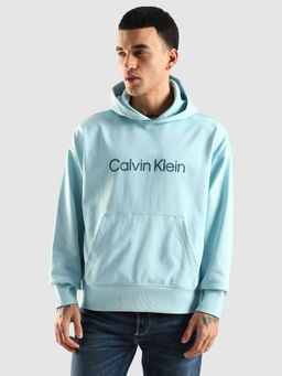 Calvin Klein - Blue Solid Relaxed Fit Cotton Hoodie