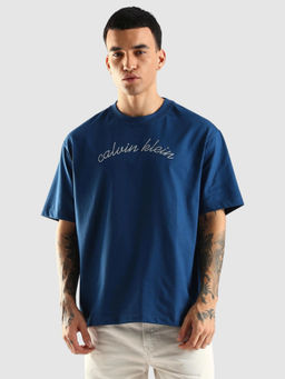 Calvin Klein - Men Blue Embroidered Logo Relaxed Fit Cotton T-Shirt
