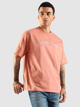 Calvin Klein - Men Peach Embroidered Logo Relaxed Fit Cotton T-Shirt