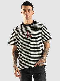 Calvin Klein - Men Black Stripes Logo Relaxed Fit Cotton T-Shirt
