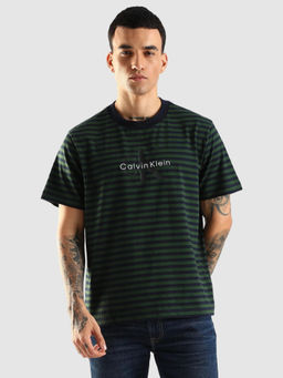 Calvin Klein - Men Green Stripes Logo Relaxed Fit Cotton T-Shirt