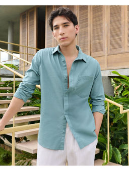 Bewakoof - Men's Teal Blue Cotton Linen Shirt