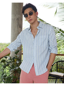 Bewakoof - Men's White & Blue Striped Cotton Linen Shirt