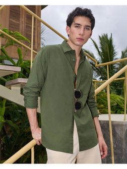 Bewakoof - Men's Olive Green Cotton Linen Shirt