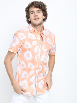 LOCOMOTIVE - Men Peach Floral Slim Fit Casual Shirt