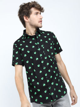 LOCOMOTIVE - Men Black Slim Fit Printed Cotton Casual Shirt