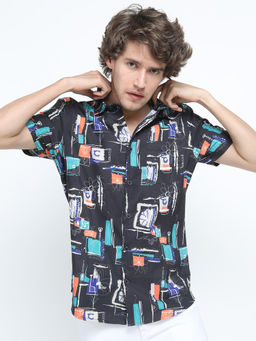 LOCOMOTIVE - Mens Black Printed Casual Slim Fit Shirt