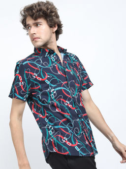 LOCOMOTIVE - Mens Blue Printed Casual Slim Fit Shirt