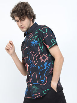 LOCOMOTIVE - Mens Black Printed Casual Slim Fit Shirt