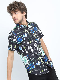 LOCOMOTIVE - Mens Black Printed Casual Slim Fit Shirt