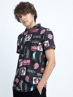 LOCOMOTIVE - Mens Black Printed Casual Slim Fit Shirt