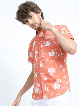 LOCOMOTIVE - Mens Peach Floral Casual Slim Fit Shirt