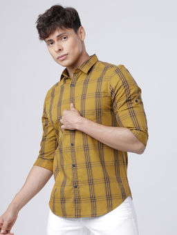 LOCOMOTIVE - Mens Mustard Checked Casual Slim Fit Shirt