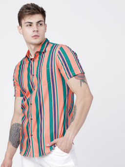 LOCOMOTIVE - Men Peach Stripes Casual Slim Fit Shirt