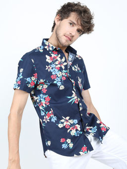 LOCOMOTIVE - Mens Navy Blue Floral Printed Casual Slim Fit Shirt