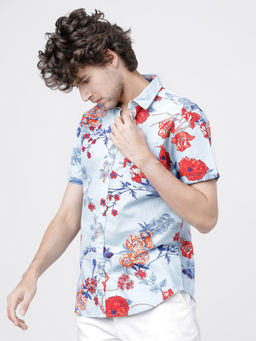 LOCOMOTIVE - Mens Powder Blue Floral Printed Casual Slim Fit Shirt