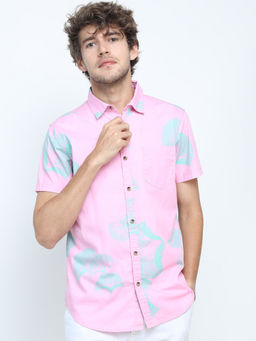 LOCOMOTIVE - Mens Pink Printed Casual Slim Fit Shirt