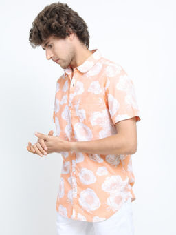 LOCOMOTIVE - Mens Peach Floral Printed Casual Slim Fit Shirt