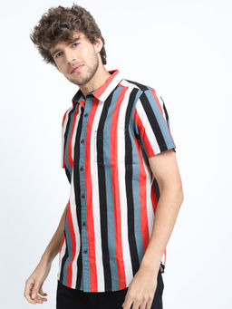 LOCOMOTIVE - Mens Red and Black Printed Casual Slim Fit Shirt