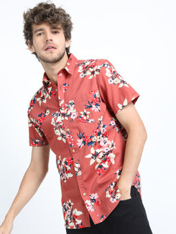 LOCOMOTIVE - Mens Coral Floral Printed Casual Slim Fit Shirt
