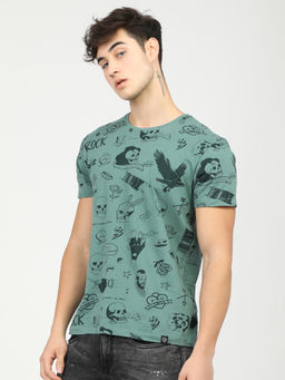 LOCOMOTIVE - Mens Green Crew Neck Short Sleeve Slim Fit T-Shirt