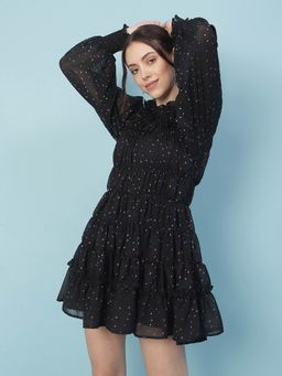 Oxolloxo - Vancy Black With Lining Lurex Print Women Gathered Dress