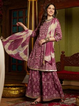 Gahan - Floral Printed Pleated Mirror Work Pure Cotton Kurta with Sharara & Dupatta