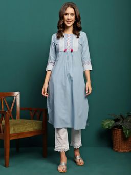 Gahan - Ethnic Motifs Yoke Design Thread Work Pure Cotton Straight Kurta With Pant