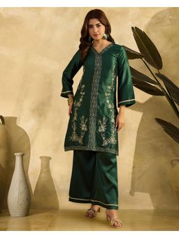 Gahan - Green Silk Blend Zari Sequence Thread Cording Kurta and Palazzo