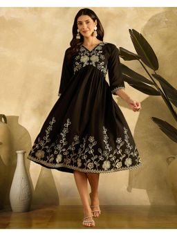 Gahan - Black Crepe Chain Embroidered Midi Dress