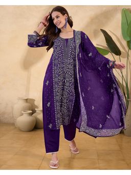 Gahan - Purple DChinon Rubber Printed Kurta With Pant and Dupatta