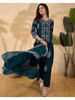 Gahan - Teal Blue DChinon Rubber Printed Kurta With Pant and Dupatta