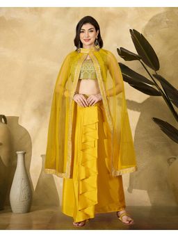 Gahan - Green Poly Chinon Zari Sequence Embroidered Top With Yellow Pleated Skirt With Shrug
