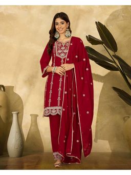 Gahan - Red Georgette Zari Sequence Embroidered Kurta With Palazzo and Dupatta