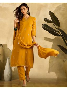 Gahan - Yellow Georgette Sequence Embroidery With Schiffli Lace Kurta With Pant and Dupatta