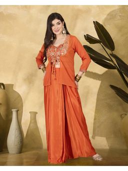 Gahan - Orange Poly Chinon Zari Sequence Embroidered Choli With Dhoti Style Skirt and Shrug