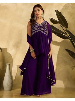 Gahan - Purple Georgette Zari Sequence Thread Cording Embroidered Kurta With Palazzo and Dupatta