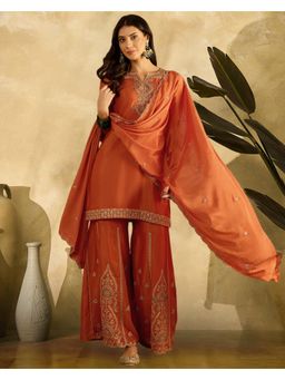 Gahan - Orange Polly Chinon Zari Sequence Cording Embroidered Kurta With Palazzo and Dupatta