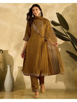 Gahan - Olive Zari Sequence Thread Cording Embroidered Anarkali Kurta With Pant and Dupatta