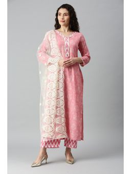 Gahan - Women Pink Flower and Ikat Foil Printed Dress Materials