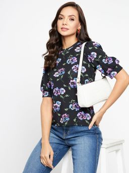 Uptownie - Womens Knit Printed High Neck Top Black