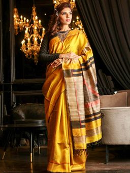 Beatitude - Yellow Handwoven Dupion Raw Silk Saree Unstitched Blouse