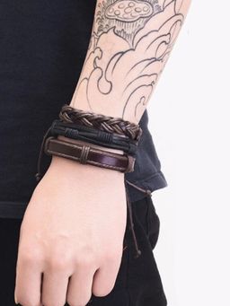 OOMPH - Combo of 4 Brown and Black Braided Leather Wrap Around Adjustable Bracelet