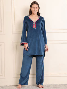 Secret Wish - Teal Solid Velour Kurta with Pyjama (Set of 2)