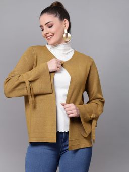 Mafadeny - Women Solid Long Sleeves Round Neck Viscose Mustard Winter Shrug